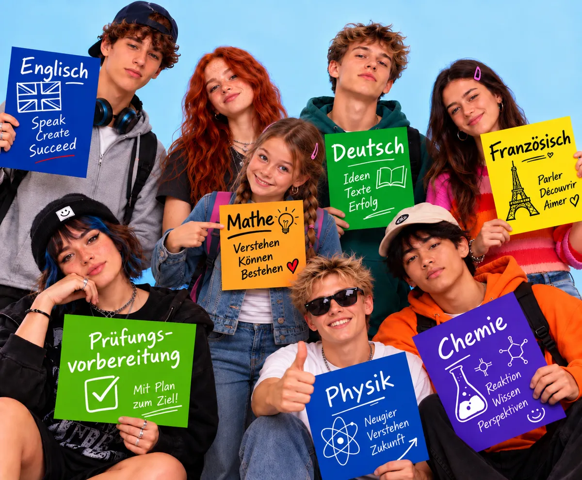 Gruppe Jugendlicher mit Schildern verschiedener Schulfächer