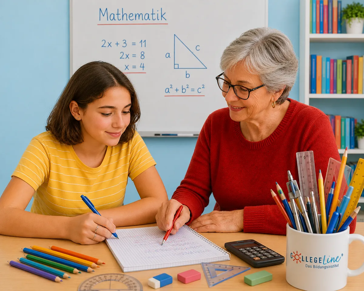 Schülerin und Lerntrainerin vor Mathe-Tafel