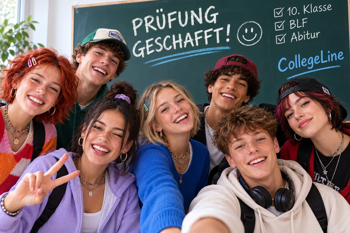 Gruppe Jugendlicher jubelt vor Tafel mit 'Prüfung geschafft'